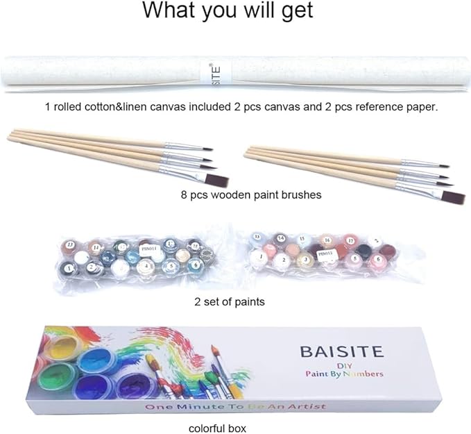 BAISITE Paint by Numbers Kit for Adults Beginners,12" Wx16 L 2 Pack Canvas for Painting Kits for Adults in Colorful Box-Sunset Lake Mountains1112