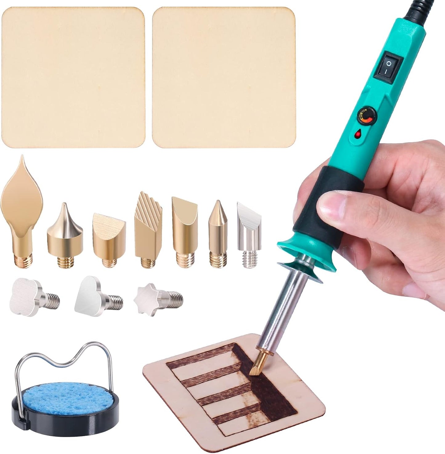YIHUA 930-IV Pyrography Wood Burning Pen Kit Adjustable Temperature, Power Switch, Heat Deflector, Rubber Grip with 10 Pyrography Tips, 2 Wood Pieces, Flip-Up Pen Stand, for Woodburning DIY Crafts