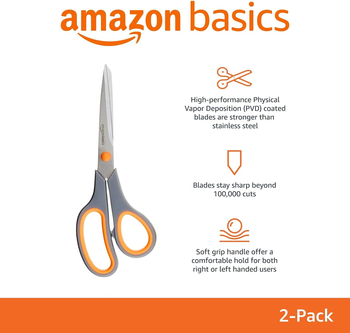 Amazon Basics Stainless Steel Scissors for Office, Crafts, Multipurpose, Sharp, Comfort Grip, PVD Coated, 2 Pack, Green and Grey