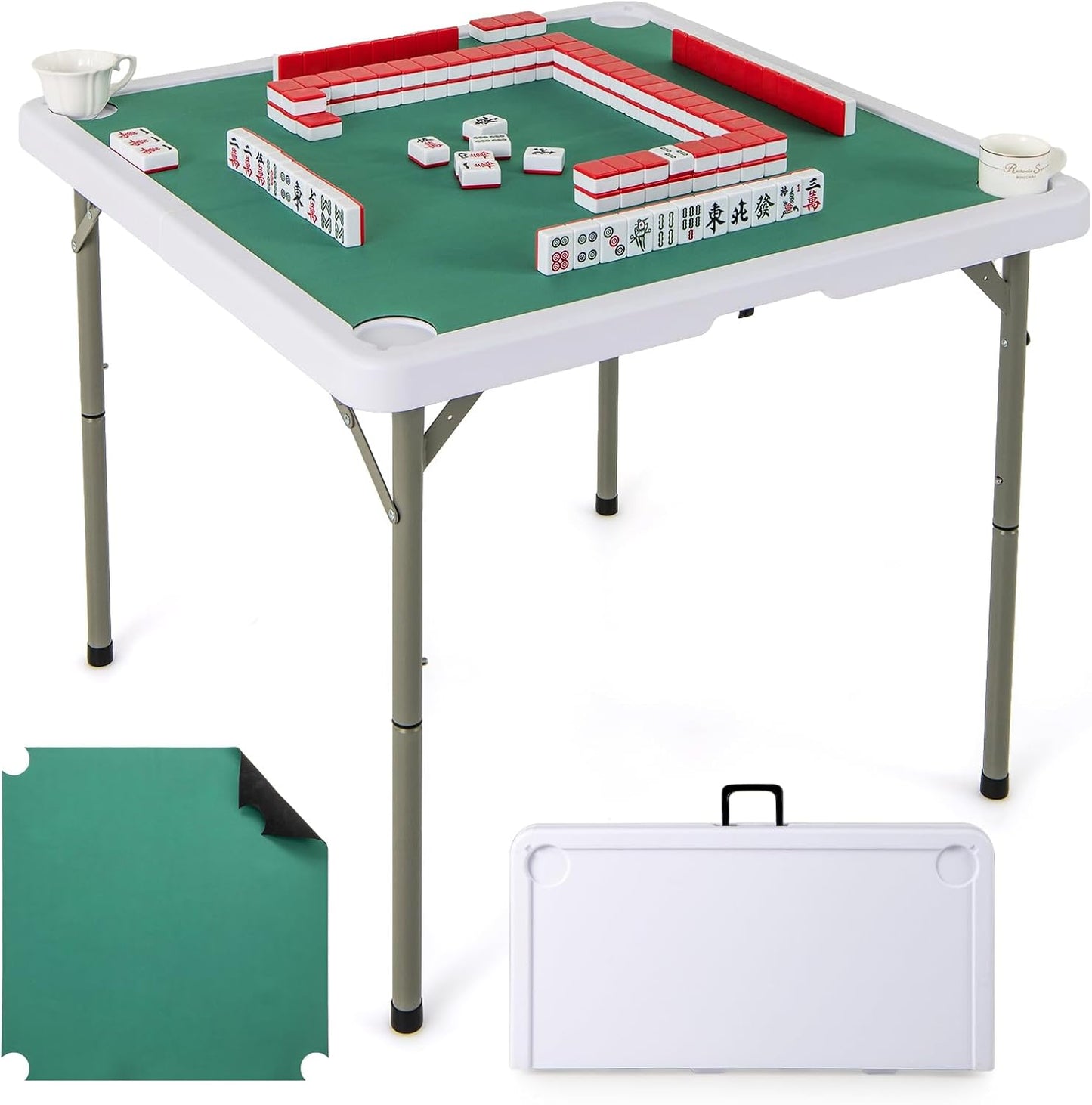 Giantex Folding Mahjong Table, 35" Square Card Table with Cup Holders, Removable Noise Reduction Mat, HDPE Tabletop, 4-Player Portable Domino Tables for Poker Blackjack Board Game (Pure Green)