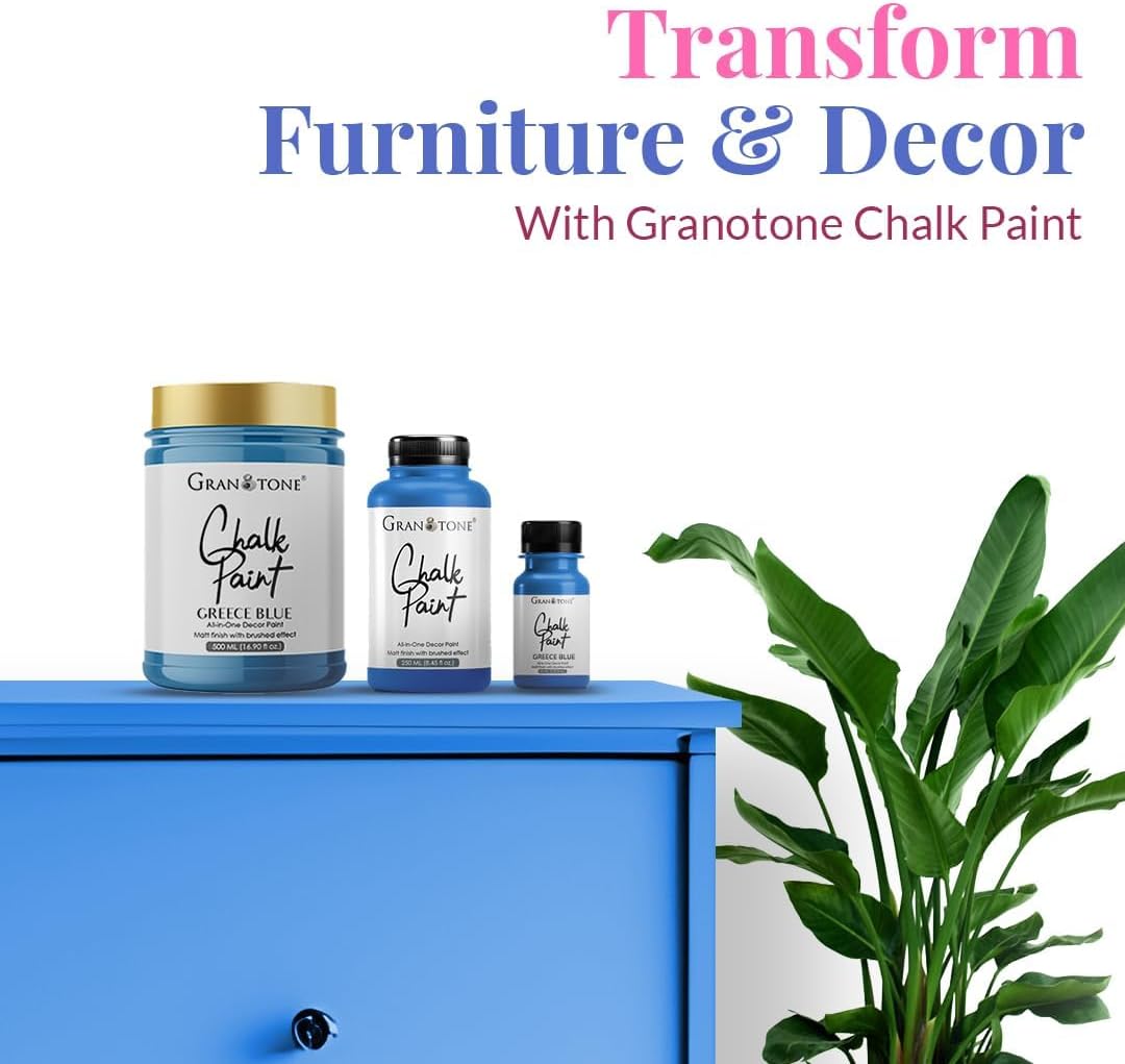 GRANOTONE Chalk Paint for Furniture | Matt-Finish Water-Based Acrylic Paint for Wood, Walls, Metal, Glass, Paper, Fabric Canvas | Maximum Coverage Chalk Paint for Kids & Adults, 120 Ml (GREECE BLUE)