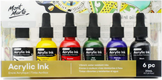Mont Marte Acrylic Ink Premium 6pc x 20ml (0.7 US fl.oz), Acrylic Inks for Artists, Essential Colors, Ideal for Air Brush, Pouring Art, Scrapbooking, Ink Drawing, Mixed Media