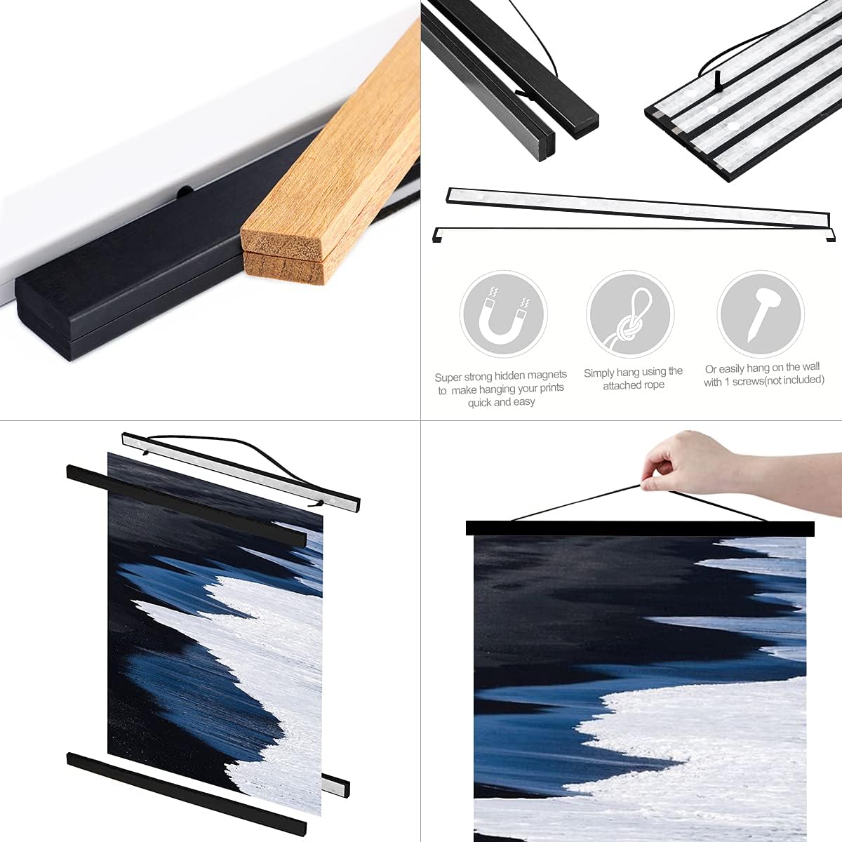 Ywlake Magnetic Poster Hanger, 23x34 23x33 23x35 Poster Frame Wood Wooden Magnet Print Posters Dowel Scroll Hanger Hangers Hanging Kit for Walls Map Canvas Artwork (Black, 23")