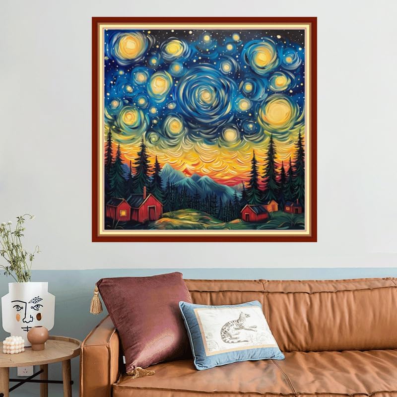Joyhoor Stamped Cross Stitch Kits for Beginners, Needlepoint Kits for Adults, 11CT Counted Embroidery Kits-Van Gogh Starry Sky 18x18 inchs