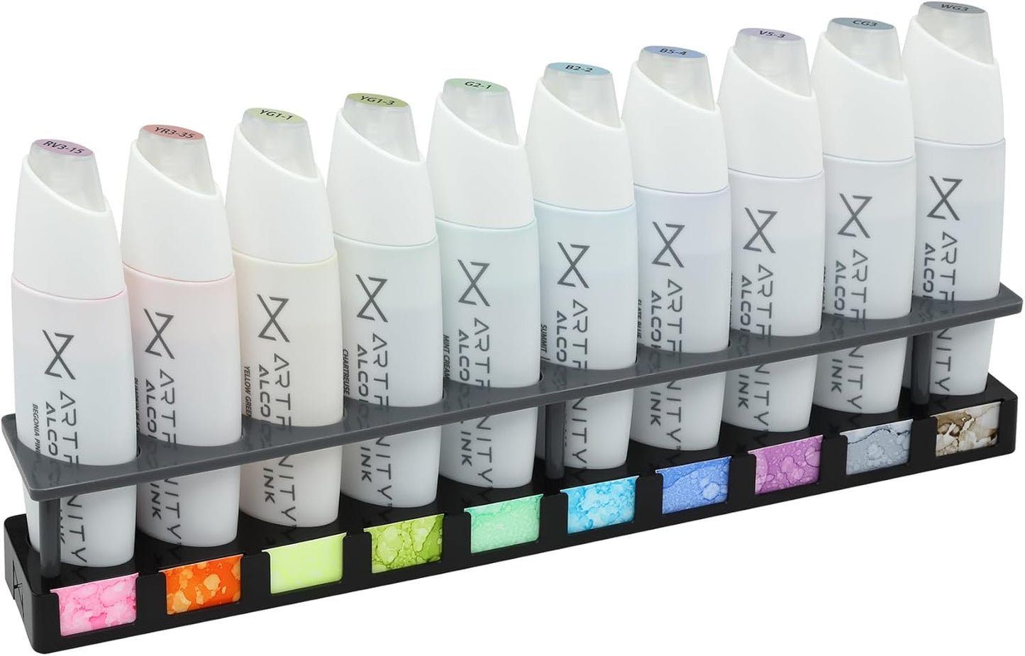 Artfinity Alcohol Ink Pretty in Pastel Set of 10 Colors (25 ml) with Free Acrylic Stand - for Painting or Alcohol Marker Refill Ink, Acid-Free, Fast-Drying, Permanent, Transparent, Swatch Template