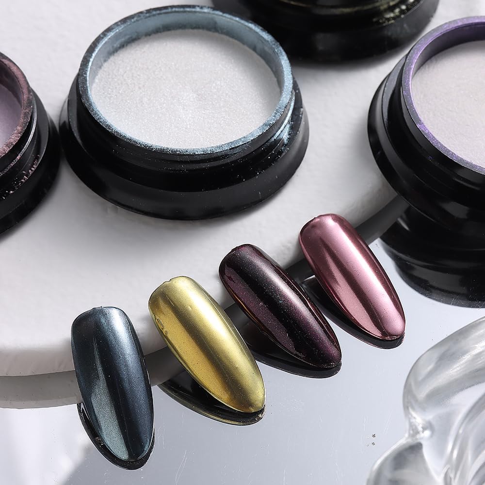 8 Jars Chrome Nail Powder Magic White Pearl Kit, Metallic Mirror Effect Holographic Glitter Iridescent Aurora Mermaid Pearl Pigment Dust Kit for Gel Polish Nail Art Decoration, Resin Craft
