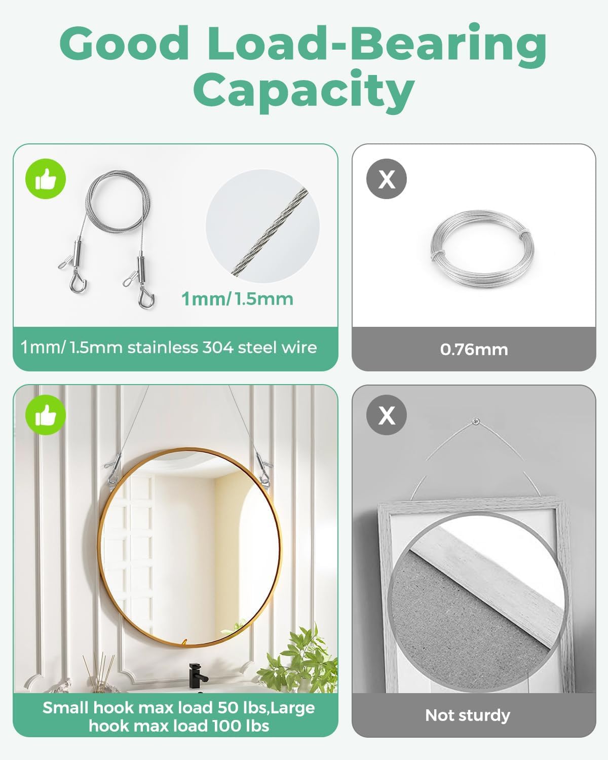 Adjustable Picture Hanging Wire, 2PCS 1m x 1mm Small Hooks + 2PCS 2m x 1.5mm Large Hooks Picture Frame Wire Kit Heavy Duty up to 100lbs, Stainless Steel for Mirror, Light, Flowerpot