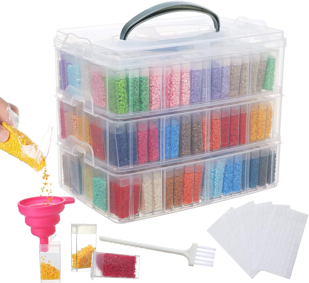 Douorgan 3-Tier Diamond Painting Storage Containers Portable Bead Organizer and Storage Box Stackable Arts & Crafts Organizers for Nail Charms Seed, 240 Rectangular, Funnel, Stickers