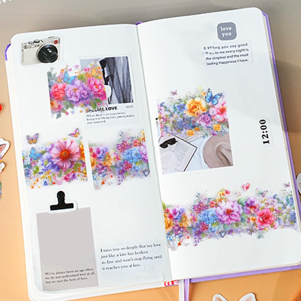 1 Roll Colorful Floral Washi Tape for Scrapbooking Scrap Booking Supples Kit Cute Butterfly Tapes Sticker Spring Flower Washi Tapes Transparent PET Tape Stickers for Journaling Junk Journal supplies