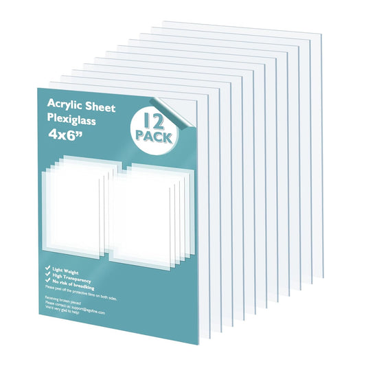 Egofine Plexiglass Sheets Acrylic Sheets 12 Pack of 4x6’’ 0.04 Thick Clear Plastic Cast Transparent Plexi Glass for Crafting Projects, Replacement Picture Frame Glass, DIY Display, Easy to Cut