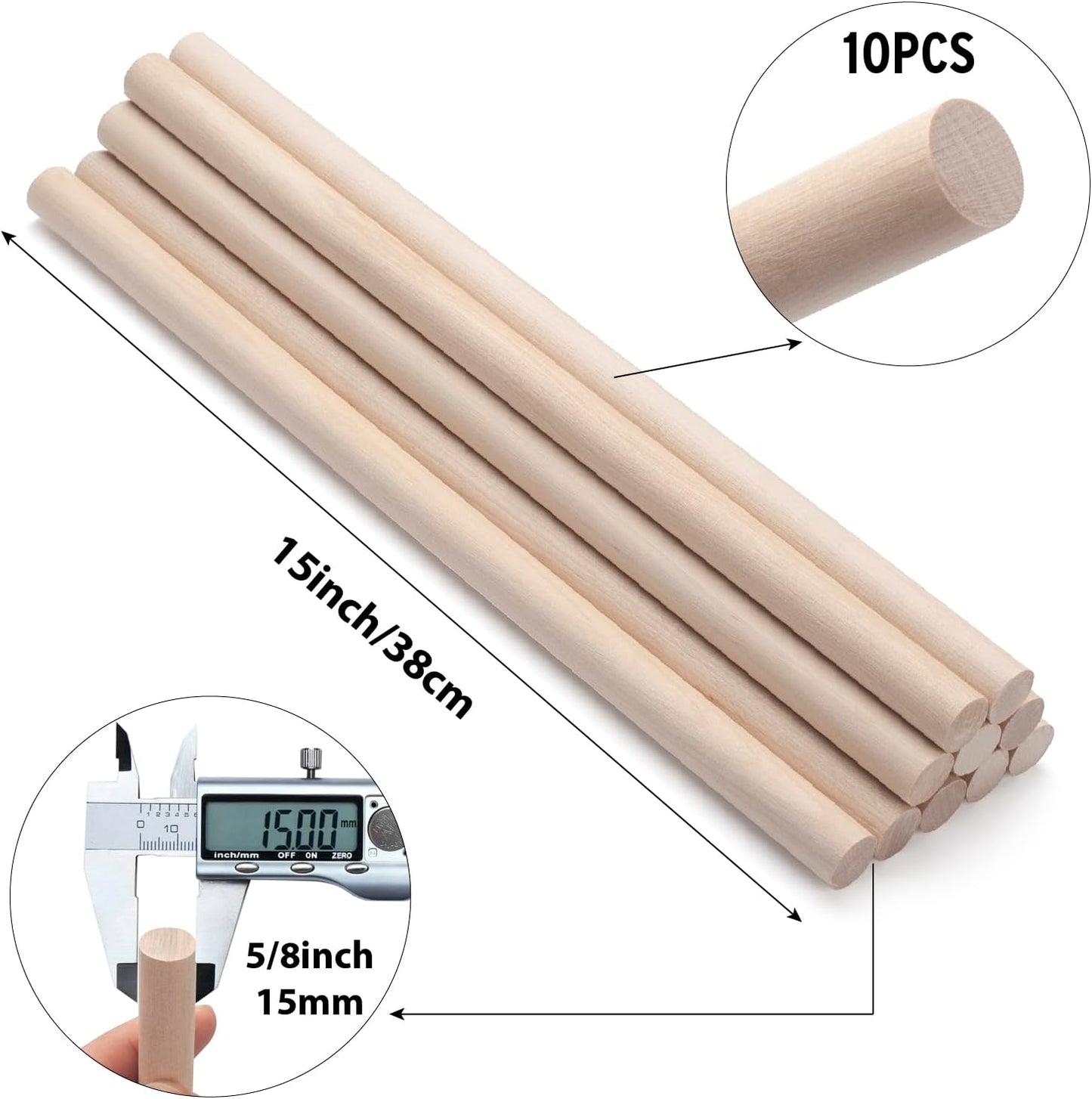 Wood Dowels Wooden Dowel Rods for Crafts, 10PCS 5/8 x 15 Round Macrame Wooden Sticks for Crafting, Unfinished Hardwood Sticks for Arts and DIYers, Tiered Cake Support and Wedding Ribbon Wands