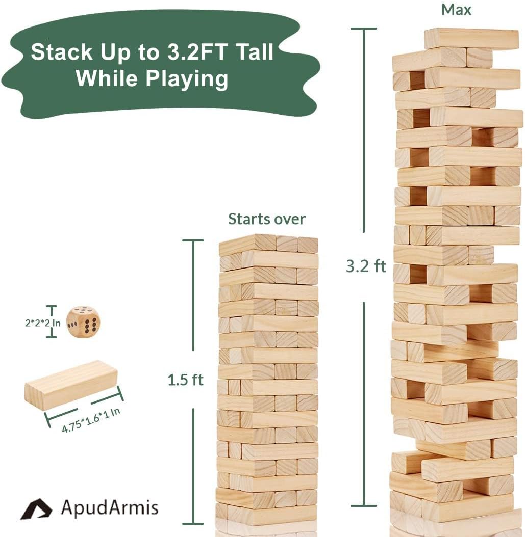 ApudArmis 54 PCS Tumble Timber Set [Up to 3.2FT], Pine Wooden Tumble Tower Game with Dice and Scoreboard Set - Classic Block Stacking Board Game for Teens Adults