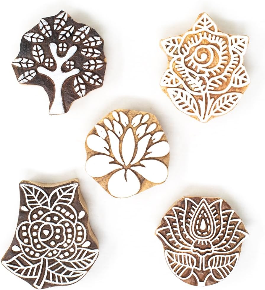 Floral Wood Printing Stamp Block for Printing Saree Border Dresses Craft Card Making Scrapbook Clay Pottery (Set of 5) Hashcart®