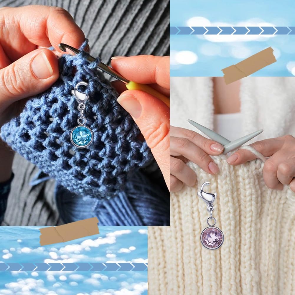 SUNNYCLUE 1 Box 12pcs Knitting Stitch Markers Knitting Crochet Markers Rhinestone Crystal Brirthstone Charms Crochet for Weaving Sewing Needleworks DIY Craft Gift Supplies