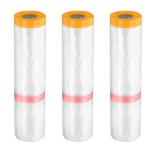 HARFINGTON 3 Rolls Pre-Taped Masking Film 157.5" x65.6ft Double Adhesive Tape and Drape Painters Plastic Drop Cloth Film with Tape Plastic Sheeting for Automotive Painting Covering