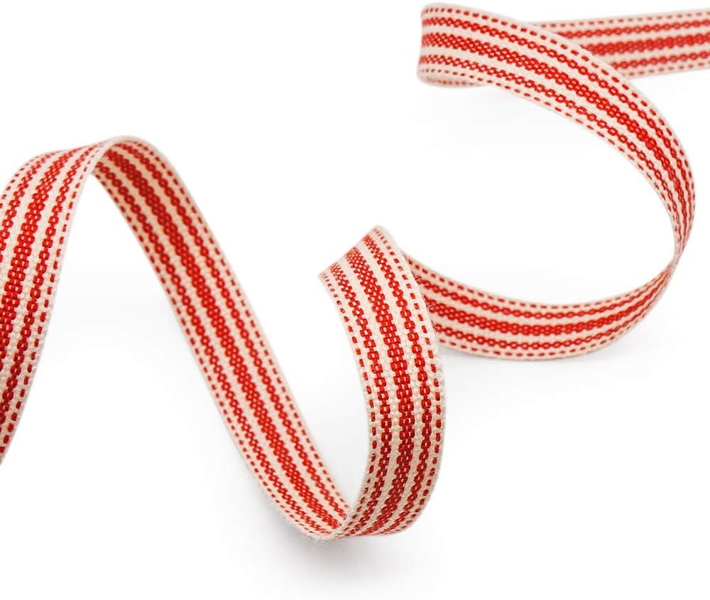 CT CRAFT LLC Ivory Cotton Red Stripes Ribbon 3/8" x 10 Yards for Home Décor Gift Present Wrapping DIY Crafts Birthday Wedding Bouquet Christmas