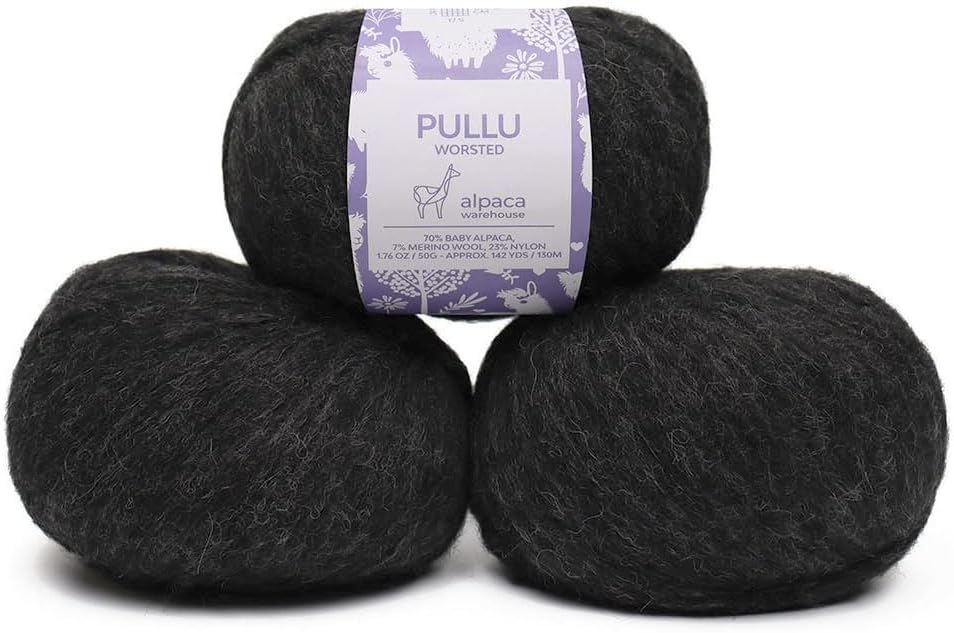 Pullu - Baby Alpaca Merino Wool Yarn Set of 3 Skeins (150 Grams) Worsted Weight - Sourced Directly from Peru - Heavenly Soft and Perfect for Knitting and Crocheting (Charcoal Gray)