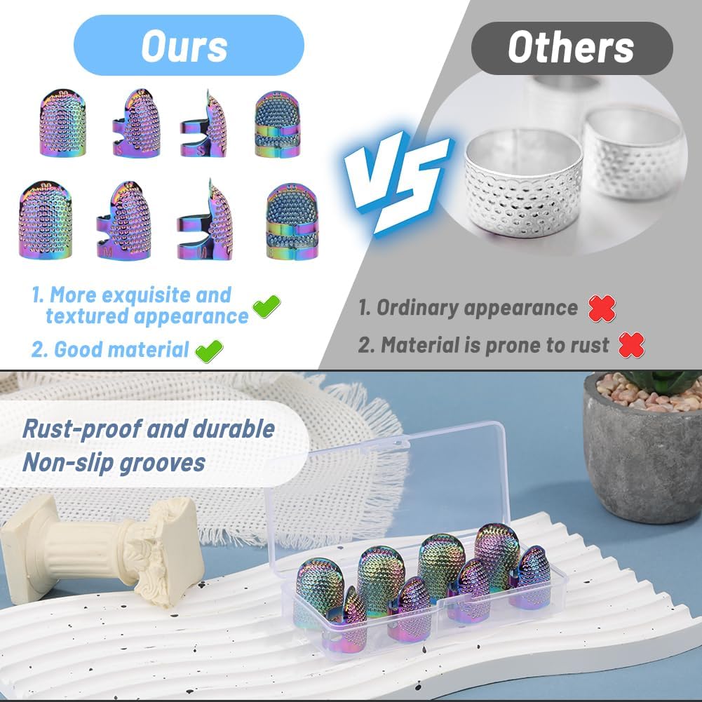 8 Pcs Sewing Thimbles, Sewing Thimble Finger Protector, Fingertip Thimble Metal Dazzle Color Adjustable Metal Sewing Thimble Rings, Sewing Quilting Craft Accessories DIY Sewing Tools (2 Sizes, S/M)
