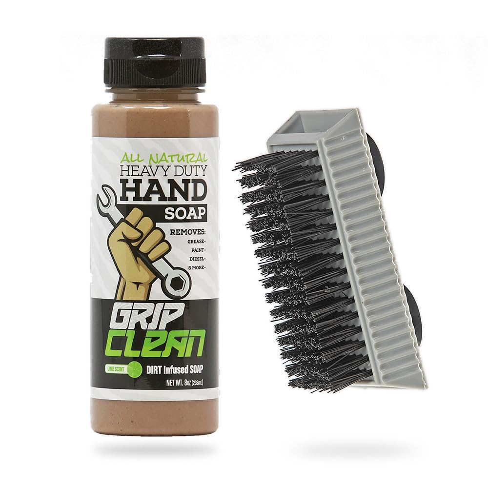 Grip Clean Heavy-Duty Hand Cleaner for Mechanics with Nail Brush - Moisturizing Coconut Oil Hand Cleaner Liquid Hand Soap with Stiff Bristle Nail Brush, Lime Scent – 8 Fl Oz Squeeze Bottle + Brush