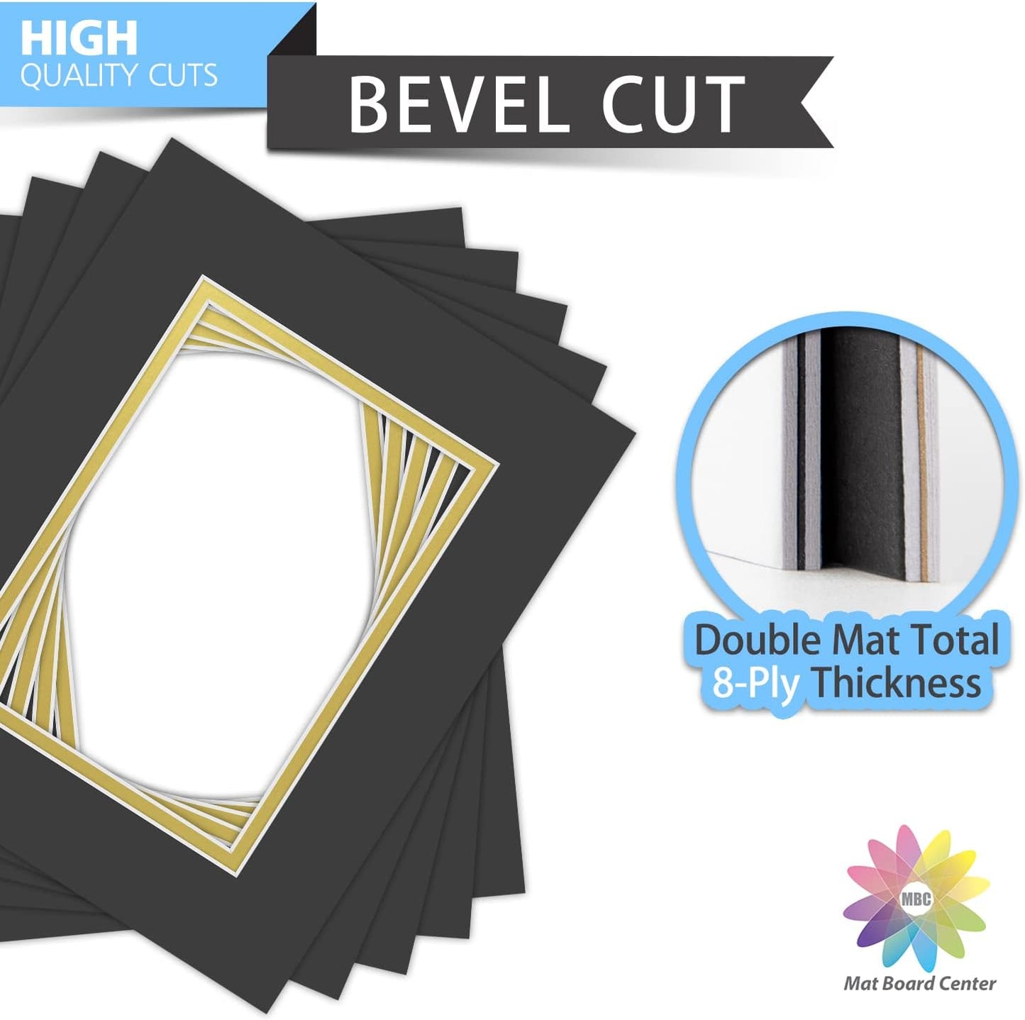 Mat Board Center, Double Mat - Acid Free, 8-ply Thickness, White Core - for Pictures, Photos, Framing (Black Over Gold, 8x10 for 5x7, Pack of 5)