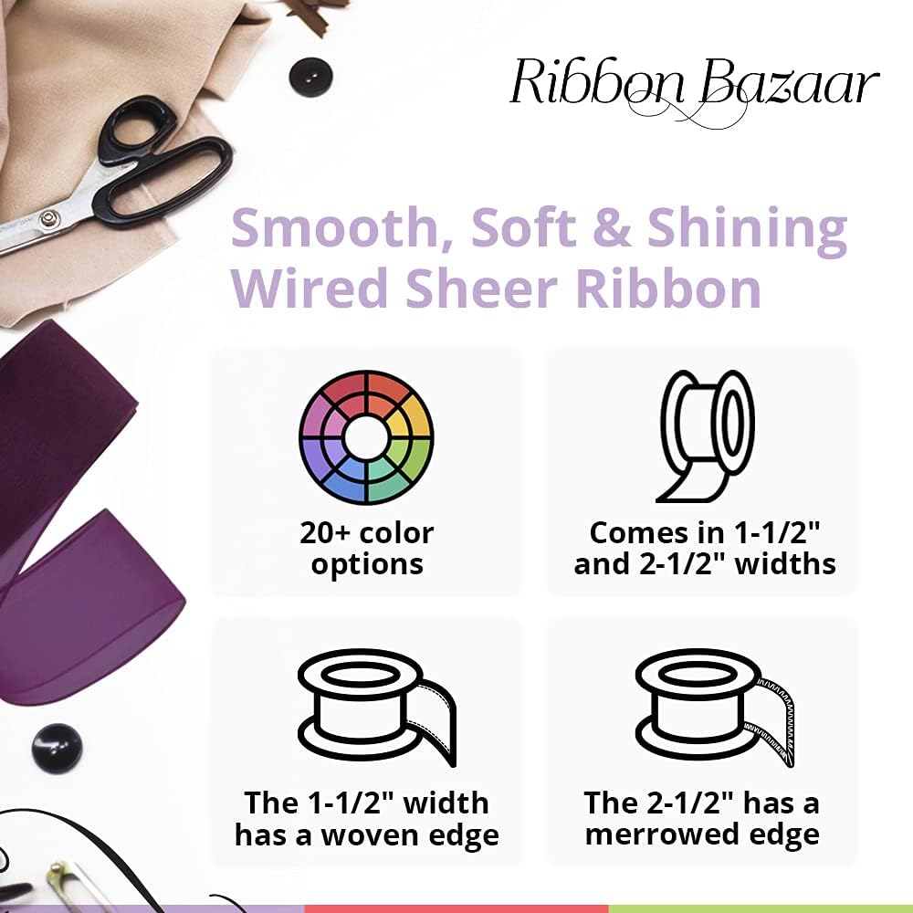 Ribbon Bazaar Sheer Organza Wired Ribbon - 100% Polyester Wire Edged Ribbon for Floral Decor, Table Arrangements, Apparel Embellishment & More - 1-1/2" Purple 25yd