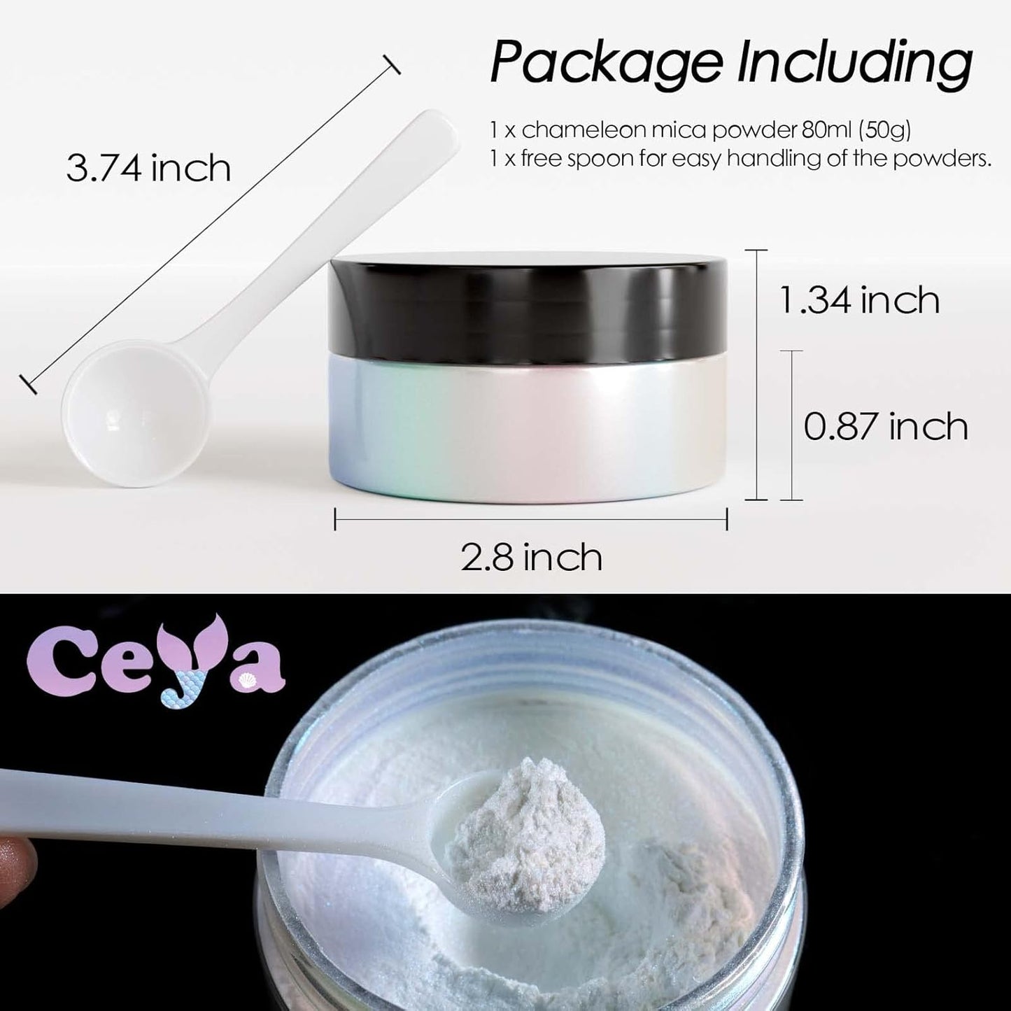 Ceya Chameleon Mica Powder, 1.8oz/ 50g Mermaid Chrome Nail Powder, Cosmetic Grade Pearlescent Effect Color Shift Pigment for Epoxy Resin, Makeup, Nail Polish, Soap Dye, Candle Making,Craft,Slime,Paint