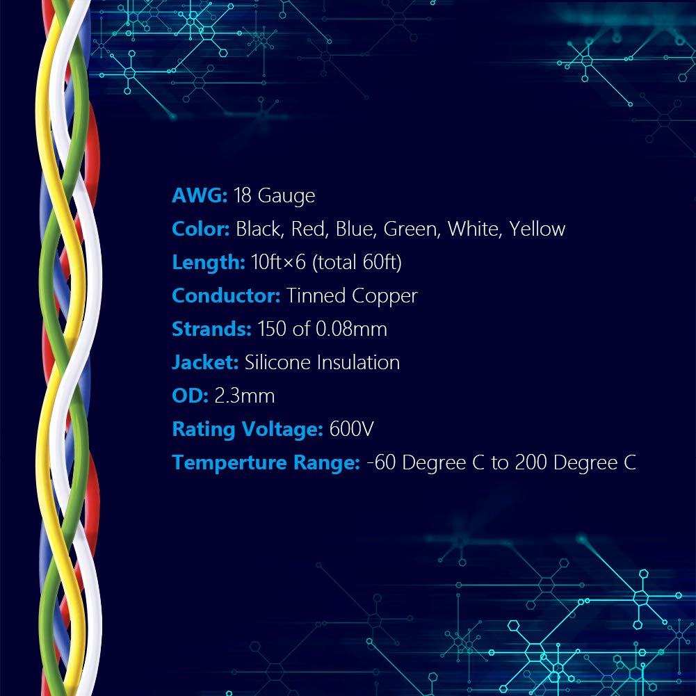 Fermerry 18 AWG Stranded Wire Spool 10ft Each 6 Colors Flexible 18 Gauge Silicone Hook up Wire Kit Electrical Tinned Copper Wire