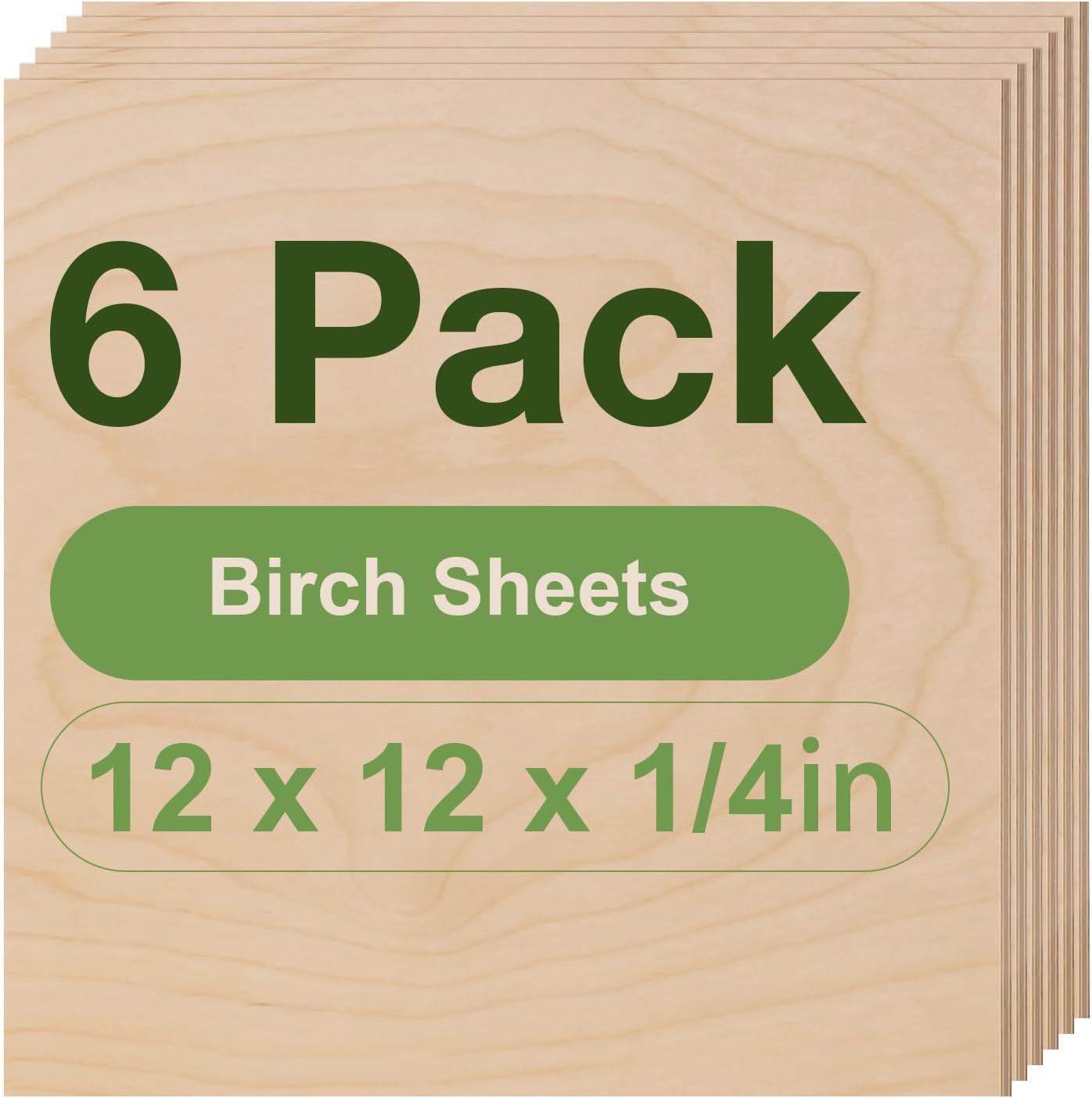 6 Pack Birch Plywood Sheets, 12 x 12 x 1/4 Inch, 6mm for Laser Cutting, Architectural Models, Wood Burning & DIY Crafts