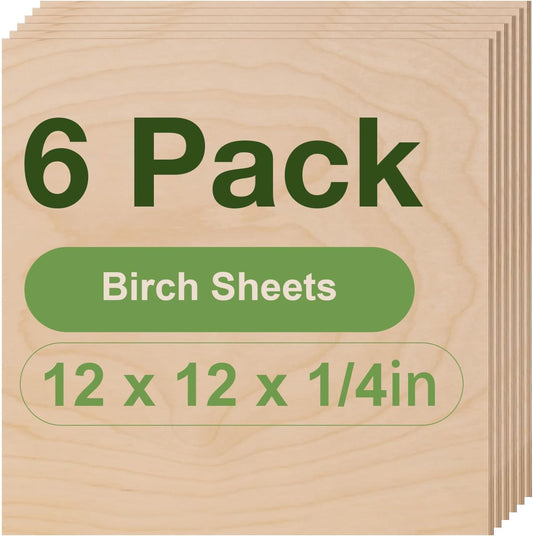6 Pack Birch Plywood Sheets, 12 x 12 x 1/4 Inch, 6mm for Laser Cutting, Architectural Models, Wood Burning & DIY Crafts