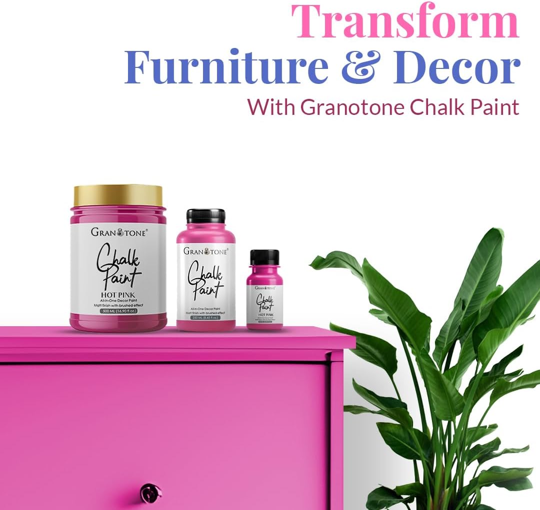 GRANOTONE Chalk Paint for Furniture | Matt-Finish Water-Based Acrylic Paint for Wood, Walls, Metal, Glass, Paper, Fabric Canvas | Maximum Coverage Chalk Paint for Kids & Adults, 250 Ml (HOT PINK)