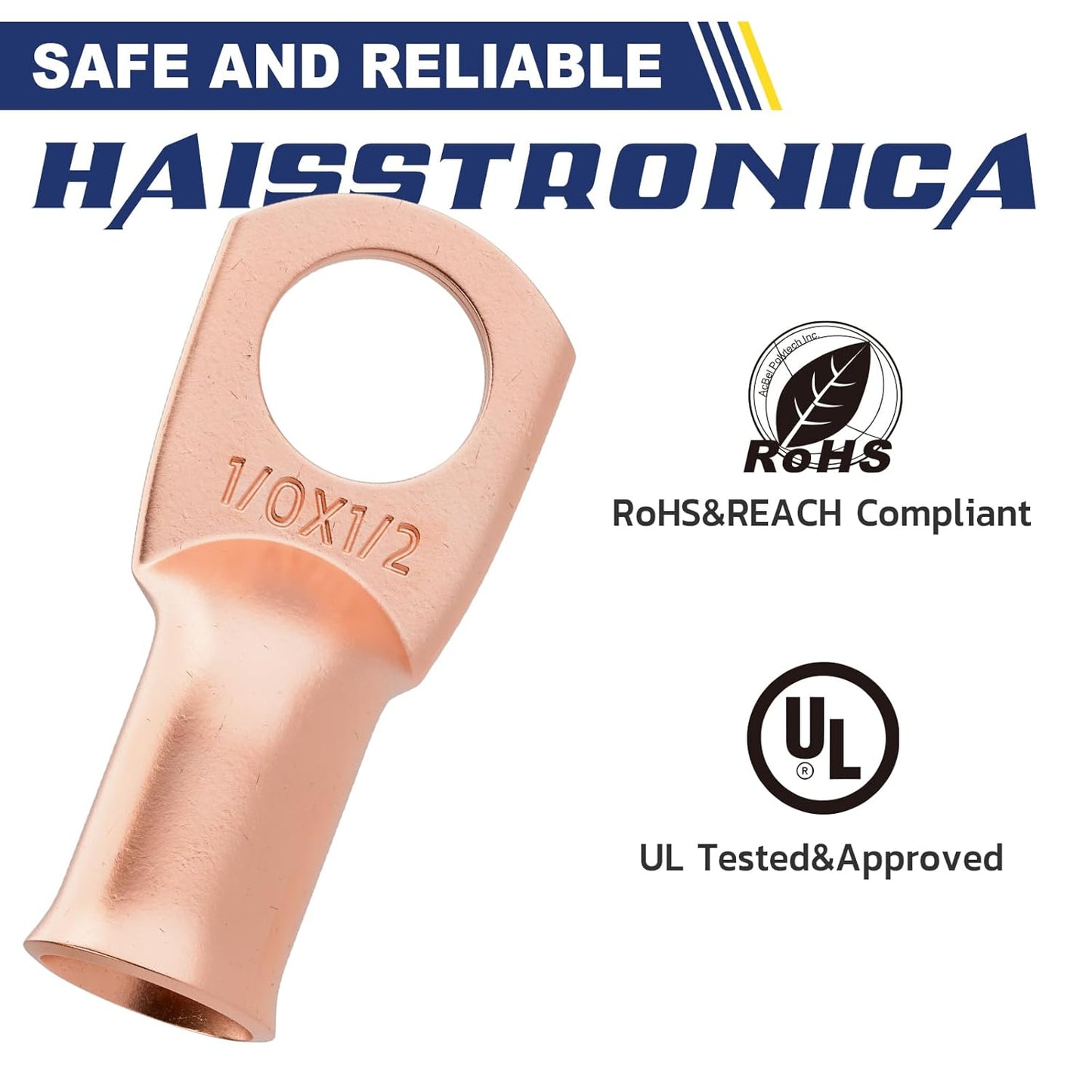 haisstronica 10pcs 1/0 AWG - 1/2" (M12) Battery Cable Lugs, Heavy Duty Copper Wire Lugs with 10pcs 3:1 Adhesive Heat Shrink Tubing,0 Gauge Wire Connectors Battery Terminal Connector,Battery Cable Ends