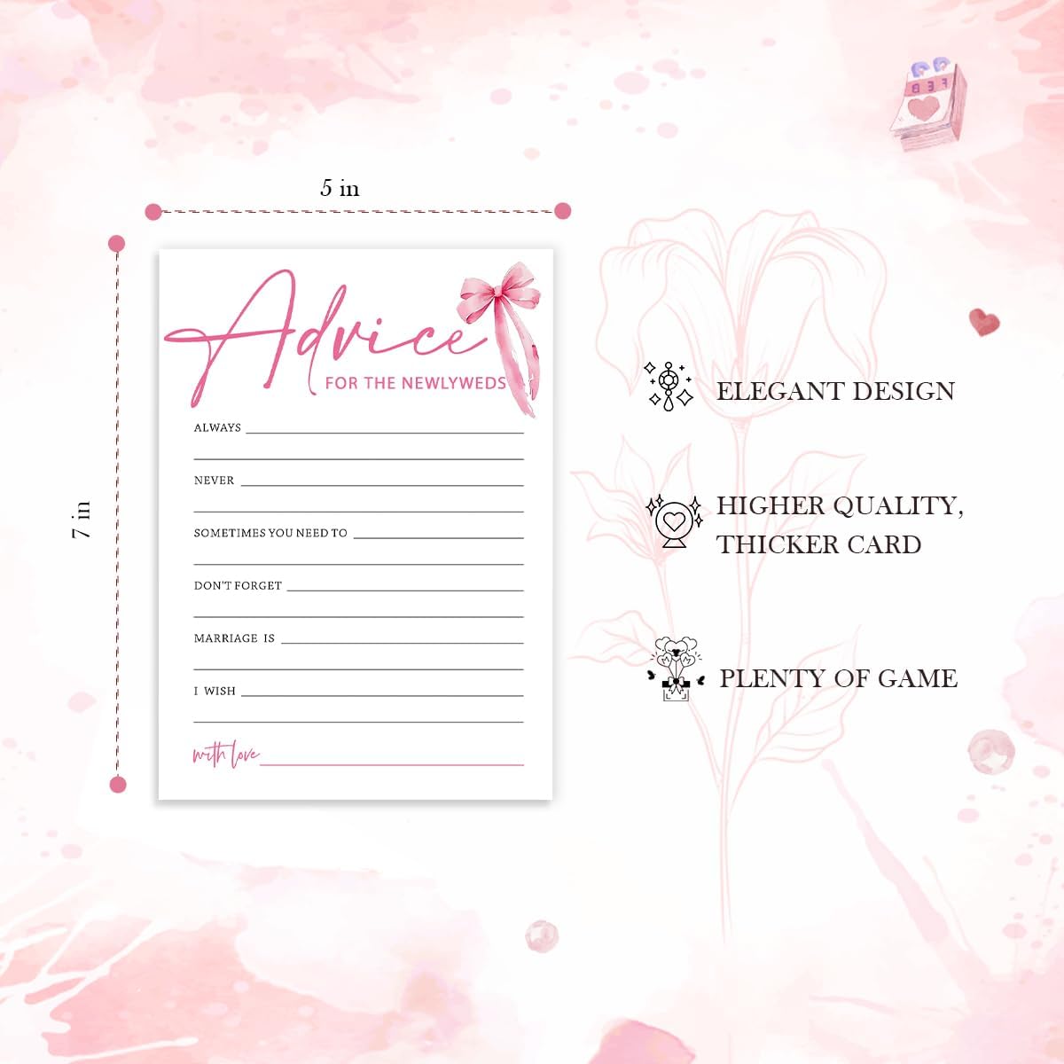 Wedding Shower Games Cards, Advice for The Newlyweds, Bridal Shower Games 25 Guests, Engagement Party Wedding Games for Guests, Pink Ribbon Bow Wedding Party Supplies - E01