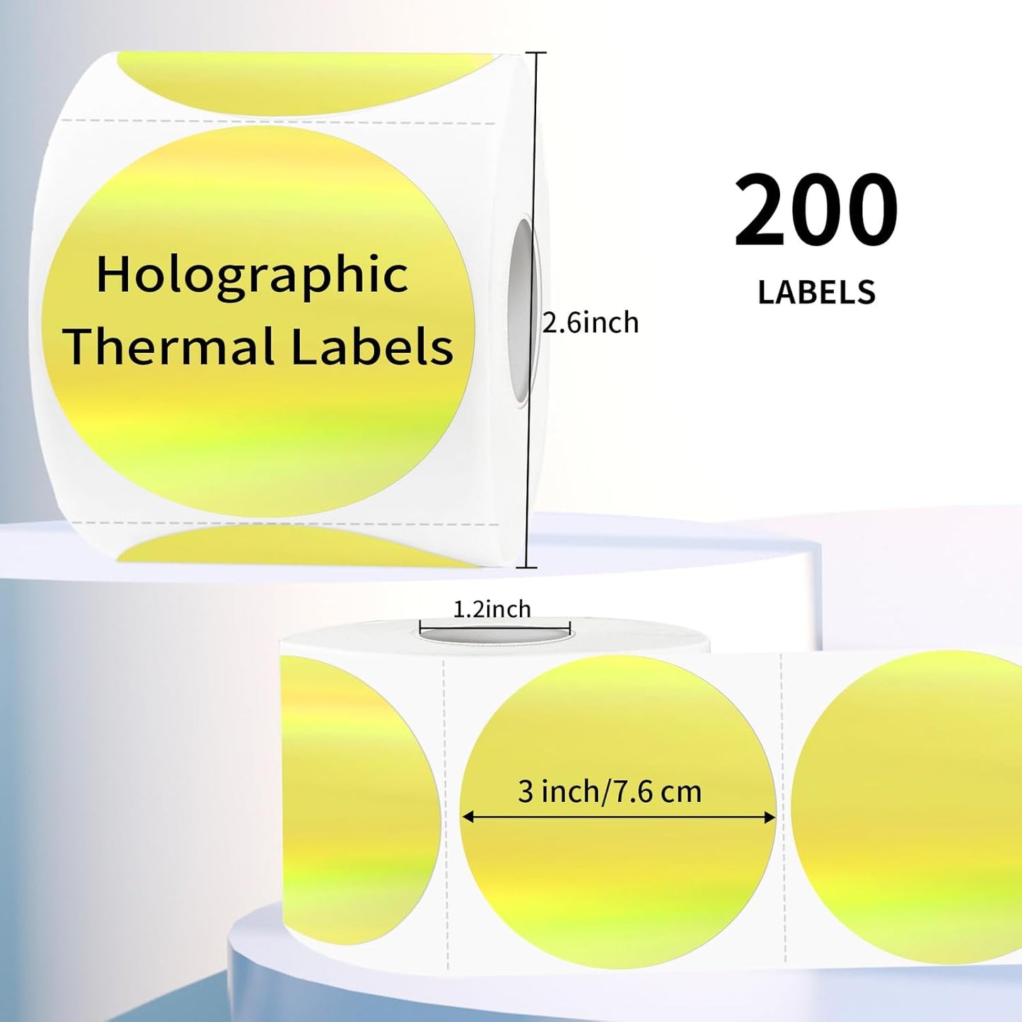 3" Holographic Direct Thermal Label Stickers, Round Printable Rainbow Glitter Thermal Printer Sticker Labels for Gift Wrapping, Self-Adhesive DIY Custom Logo Design- Holographic Yellow