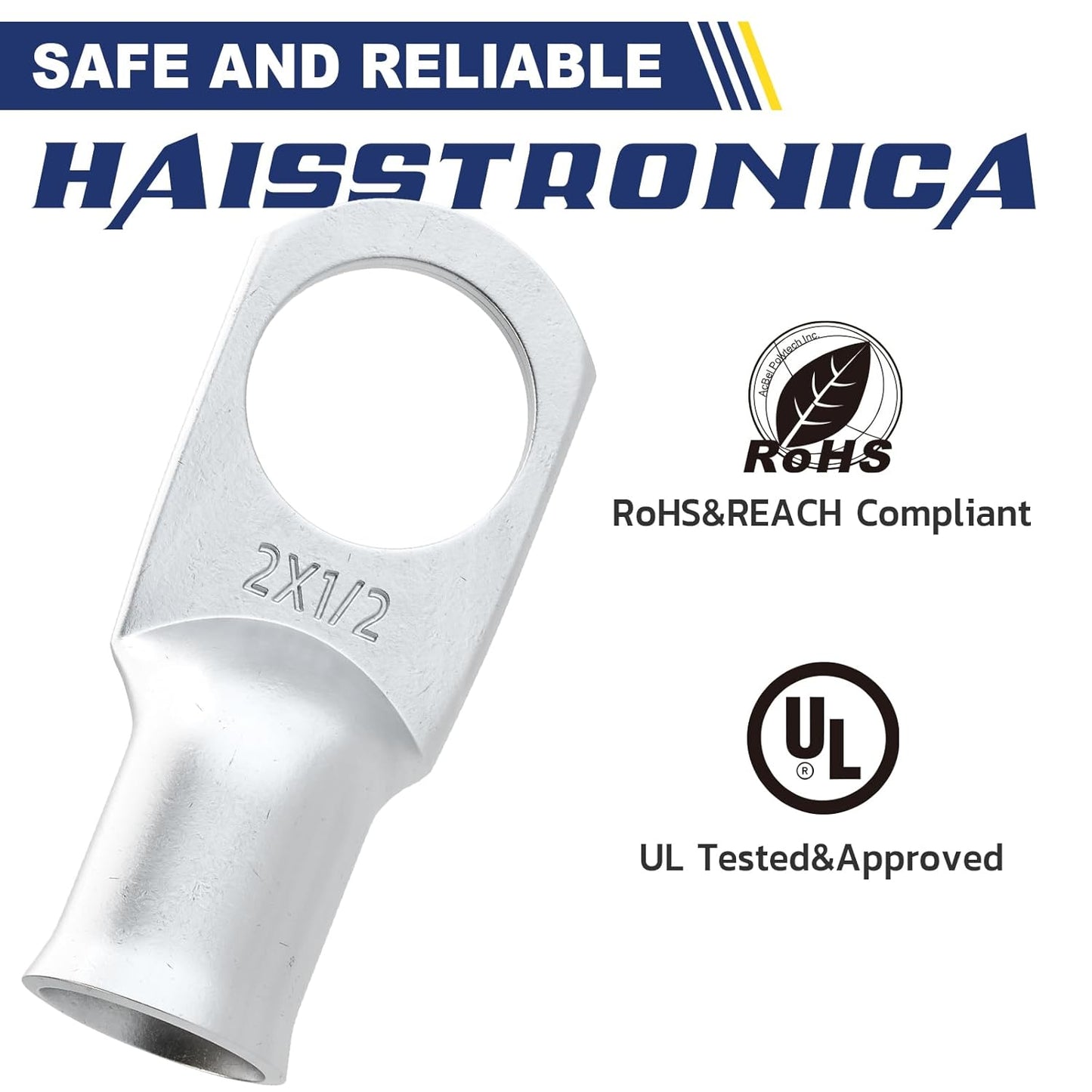 haisstronica 10pcs 2 AWG - 1/2" (M12) Tinned Copper Battery Lugs, Heavy Duty Copper Wire Lugs with 10pcs 3:1 Adhesive Heat Shrink Tubing, 2 Gauge Wire Lugs, Tinned Copper Battery Cable Ends