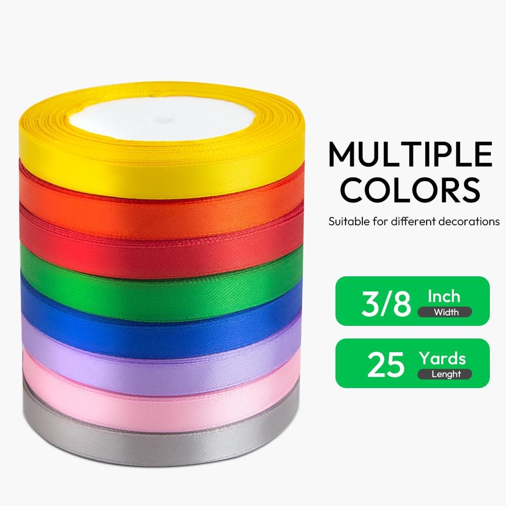 KMER LIFE 3/8 Inches x 25 Yards Golden Satin Ribbon Solid Fabric Ribbons for Crafts, Wedding Decor, DIY Hair Accessories, Sewing, Gift Package Wrapping, Valentine's Day Bouquet and More