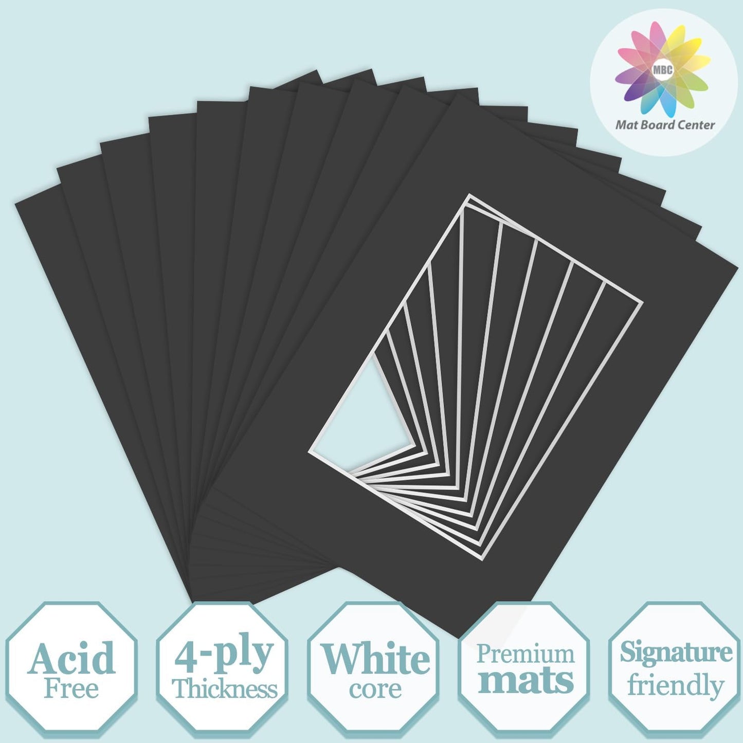 MBC Mat Board Center, 10 Pack 5x7 for 3.5x5 Black Picture Mats Frame Mattes, Bevel Cut, Acid Free, 4-ply Thickness