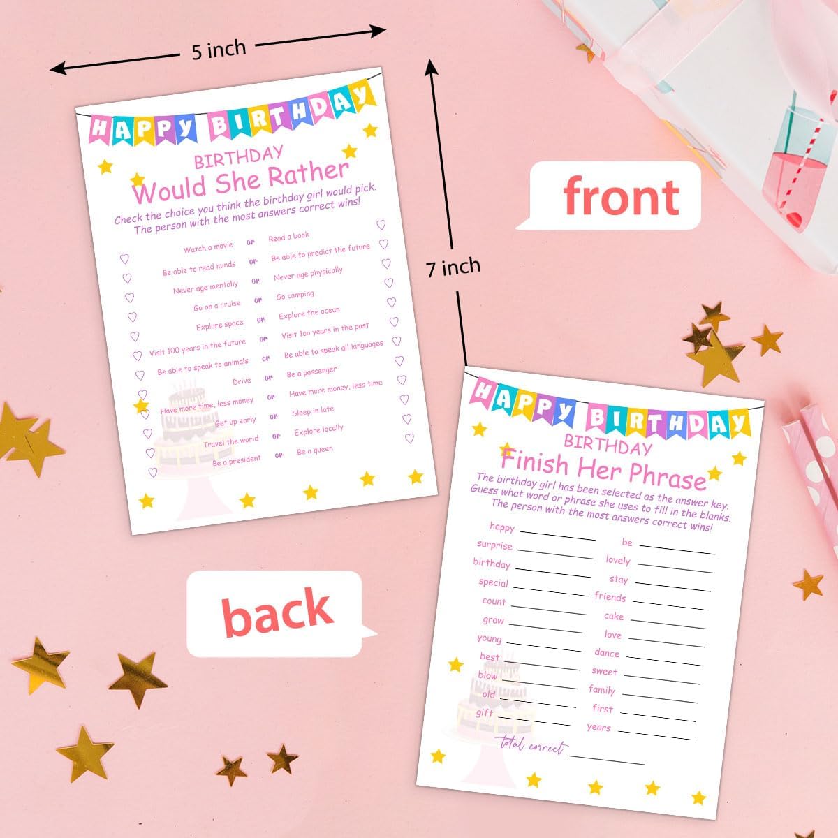 ALodr Girls Birthday Party Set, 20 Birthday Double Sided Cards Set, Girls Birthday Party Activity Notebook Themed Party Activity and Idea - Girl Birthday Supplies, Activity, Decorations