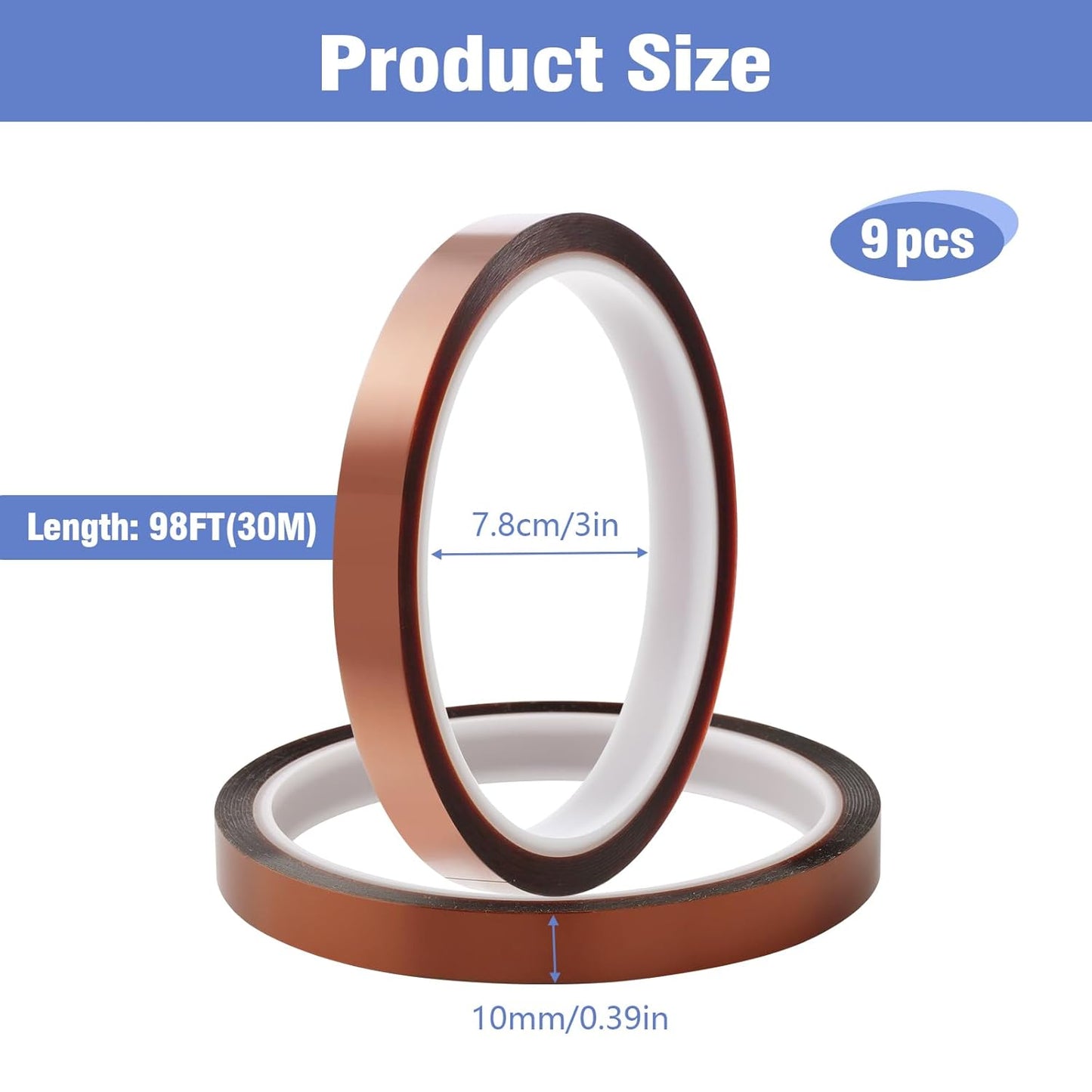 9 Rolls 10mm×30m (98Ft) Sublimation Tape Heat Transfer Tape High Temperature Heat Resistant Tape, Heat Tape for Sublimation Heat Press Electronic Soldering Masking, No Residue