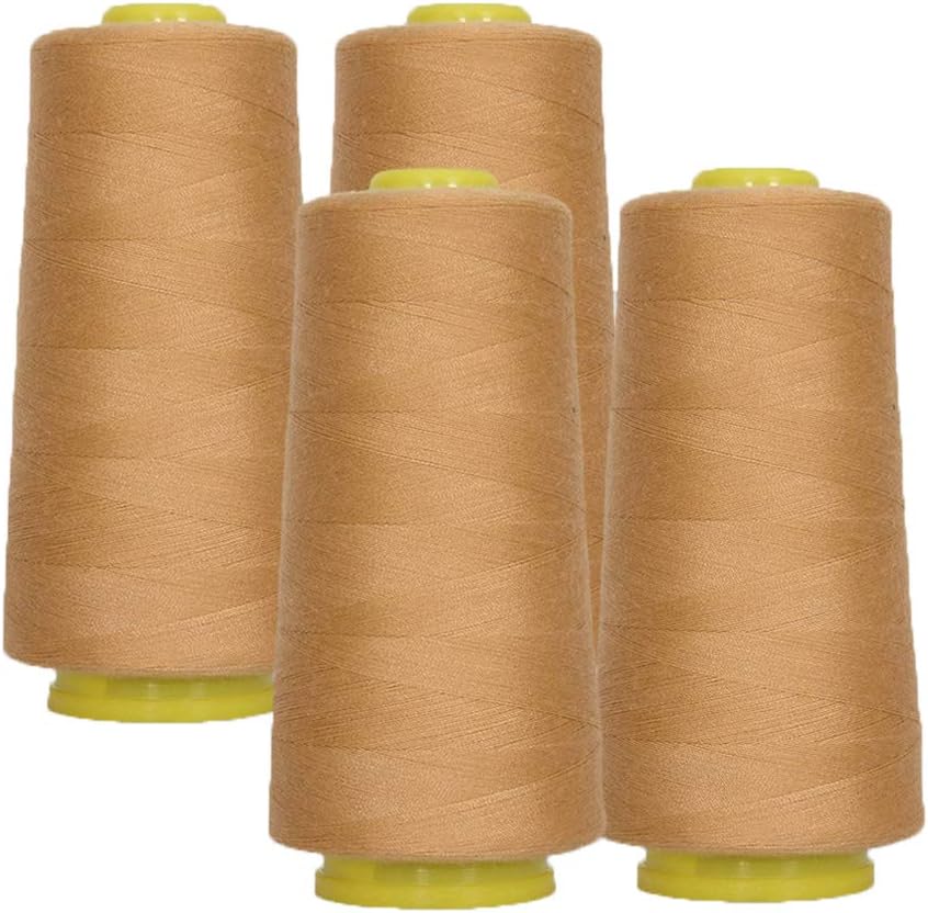 AK Trading 4-Pack Light TAN All Purpose Sewing Thread Cones (6000 Yards Each) of High Tensile Polyester Thread Spools for Sewing, Quilting, Serger Machines, Overlock, Merrow & Embroidery.