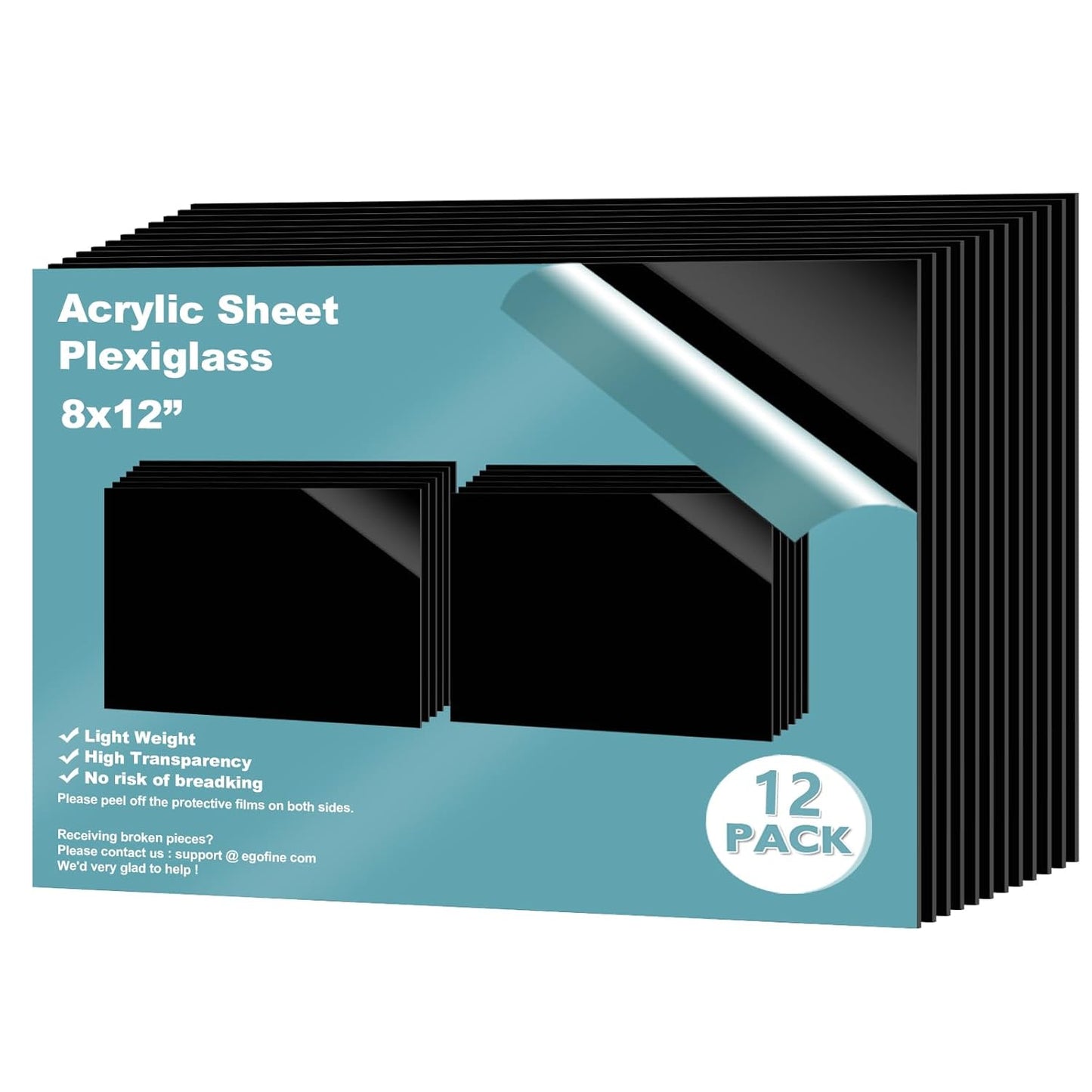 Egofine 8" x 12" Black Plexiglass Sheets 12 Pack 0.04 Inch Cast Acrylic Sheet Thick for DIY Craft Projects, Painting, Photography, Sign, Display Stand, Home Decor, Easy to Cut