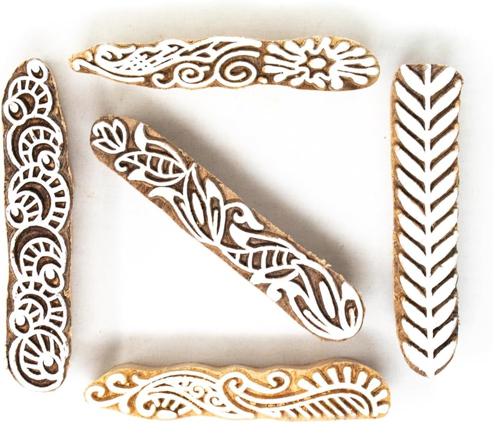 Hashcart Wooden Stamp Block, Printing Stamp Design Set | Block for Printing Saree Border | Dresses, Craft Card Making, Scrapbook, Clay Pottery | Set of 5