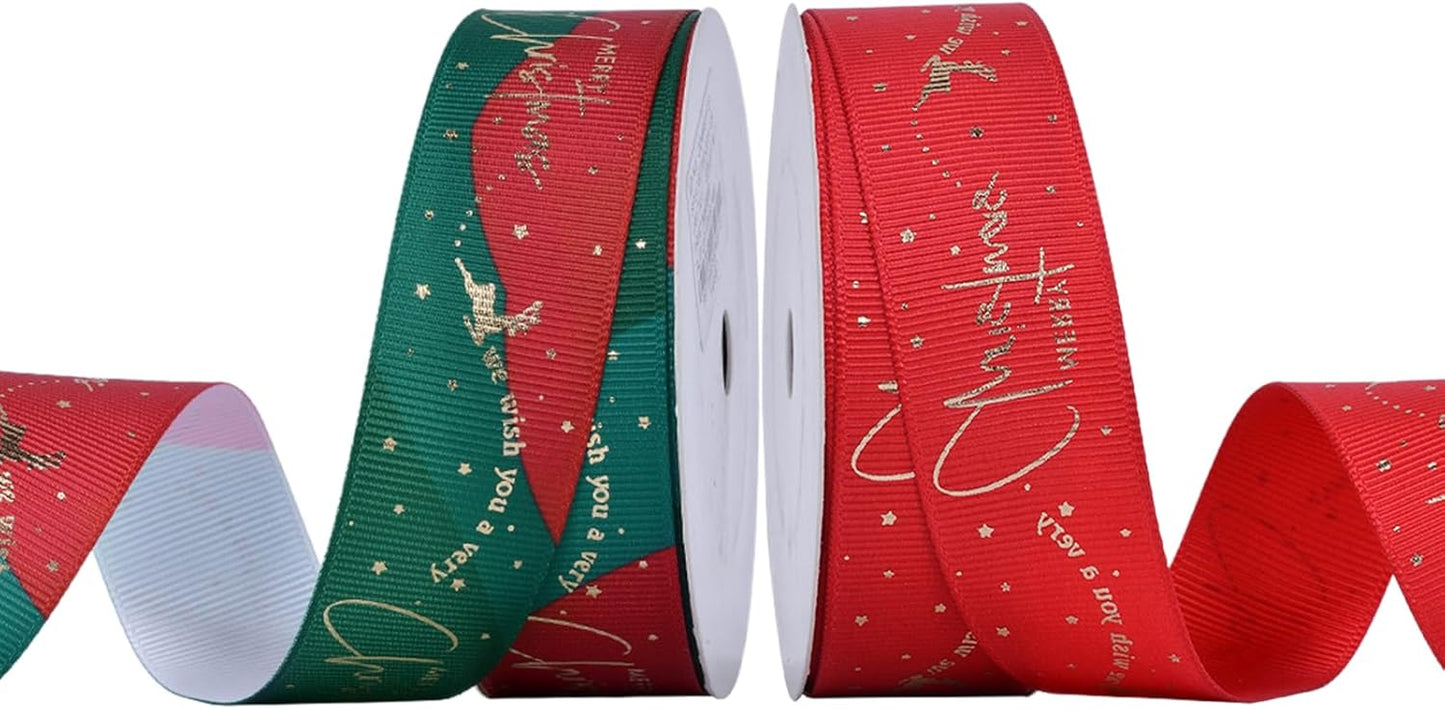Christmas Gift Wrapping Ribbon, Red, Green, 2 Rolls Printed Grosgrain Ribbons for Crafts, Floral Bouquets, Sewing, Party and Festive Holiday Decor (2 Rolls(Color Blocking/Red), 1 Rolls=1in * 5Yards)