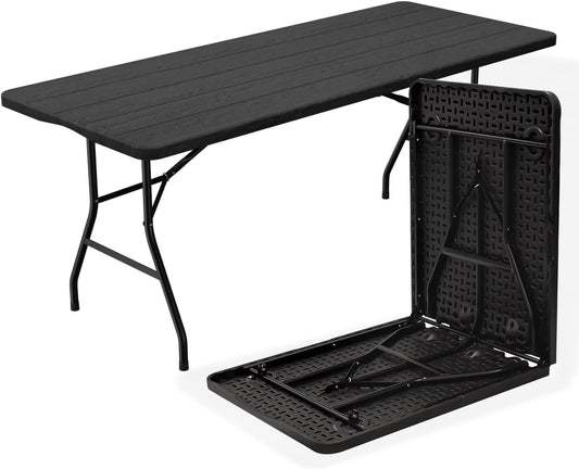 70.8" W X 29" D X 29" H - 6 ft Folding Table Black Wood Grain Portable Heavy Duty Plastic Fold-in-Half Utility Foldable Table for Camp，Picnic & Party