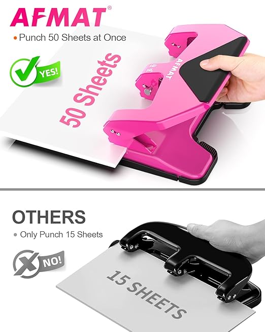 AFMAT 3 Hole Punch Heavy Duty, 50-Sheet Three Hole Punch, 50% Reduced Effort, 10,000+ Uses, 9/32" Holes, S.S. Paper Guide, 3 Hole Puncher for Binder, Metal Hole Puncher for Home Office School HP20