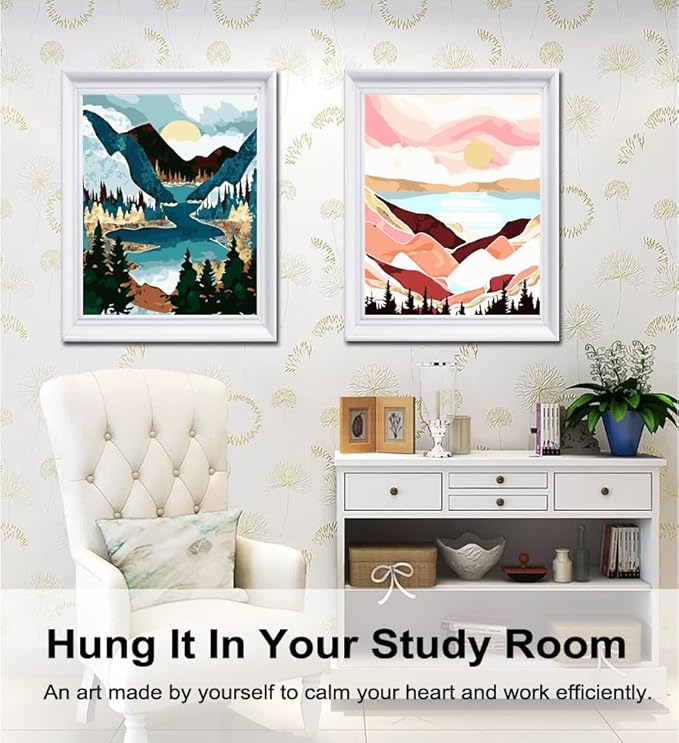 BAISITE Paint by Numbers Kit for Adults Beginners,12" Wx16 L 2 Pack Canvas for Painting Kits for Adults in Colorful Box-Sunset Lake Mountains1112