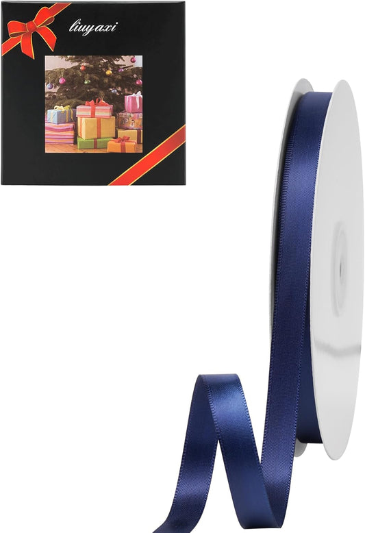 LIUYAXI Navy Blue Double Faced Satin Ribbon, 3/8" X Continuous 25 Yards, Ribbons Perfect for Gift Wrapping Bows Bouquet Wedding Decor DIY Craft and More