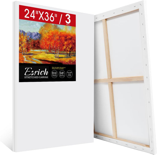 ESRICH Stretched Canvas for Painting 24x36 Inch, 3Pack Large Canvas for Painting, Primed Acid-Free Cotton Blank Canvases, Art Paint Canvases for Oil Paint,Watercolor,Acrylic Paint,Gouache and Tempera.