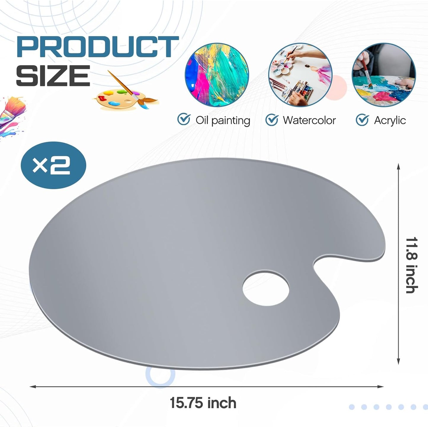 Honoson 2 Pack 11.8 x 15.7 Inch Acrylic Paint Palette with Thumb Hole Clear Paint Pallet, Easy to Clean Non Stick Artist Pallet for Oil Watercolor Craft DIY Painting Palette (Oval)