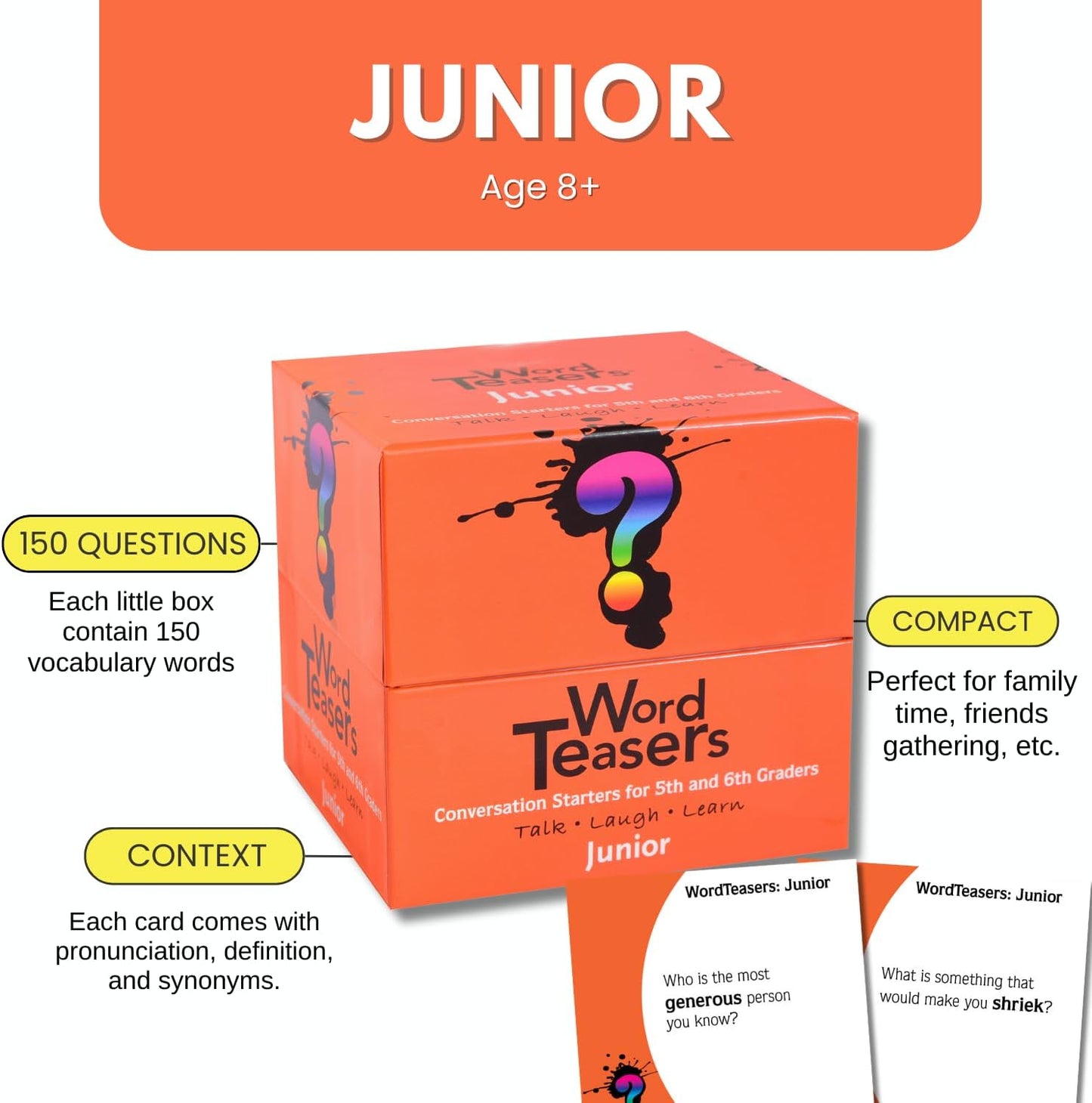 ? WORD TEASERS Junior - Vocabulary Word Game for Kids 8+ - Fun Family Conversation Starters - Reading Games for Elementary & Middle School - 150 Vocabulary Flash Cards/Conversation Cards