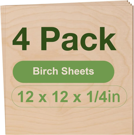 4 Pack Birch Plywood Sheets, 12 x 12 x 1/4 Inch, 6mm for Laser Cutting, Architectural Models, Wood Burning & DIY Crafts